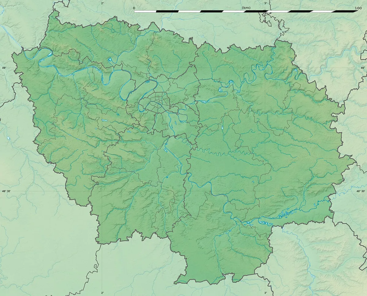 Reliëfkaart van de regio Île-de-France met de departementsgrenzen, rivieren en Parijs in het midden