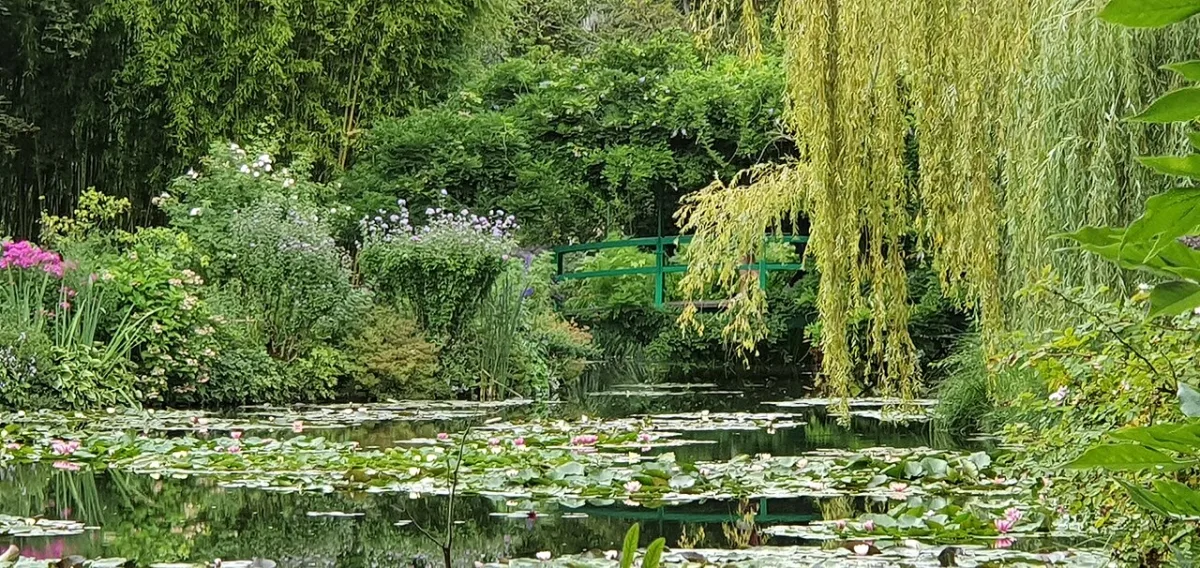 De groene Japanse brug over de waterlelievijver in de tuin van Claude Monet in Giverny, omgeven door treurwilgen en bloeiende waterlelies